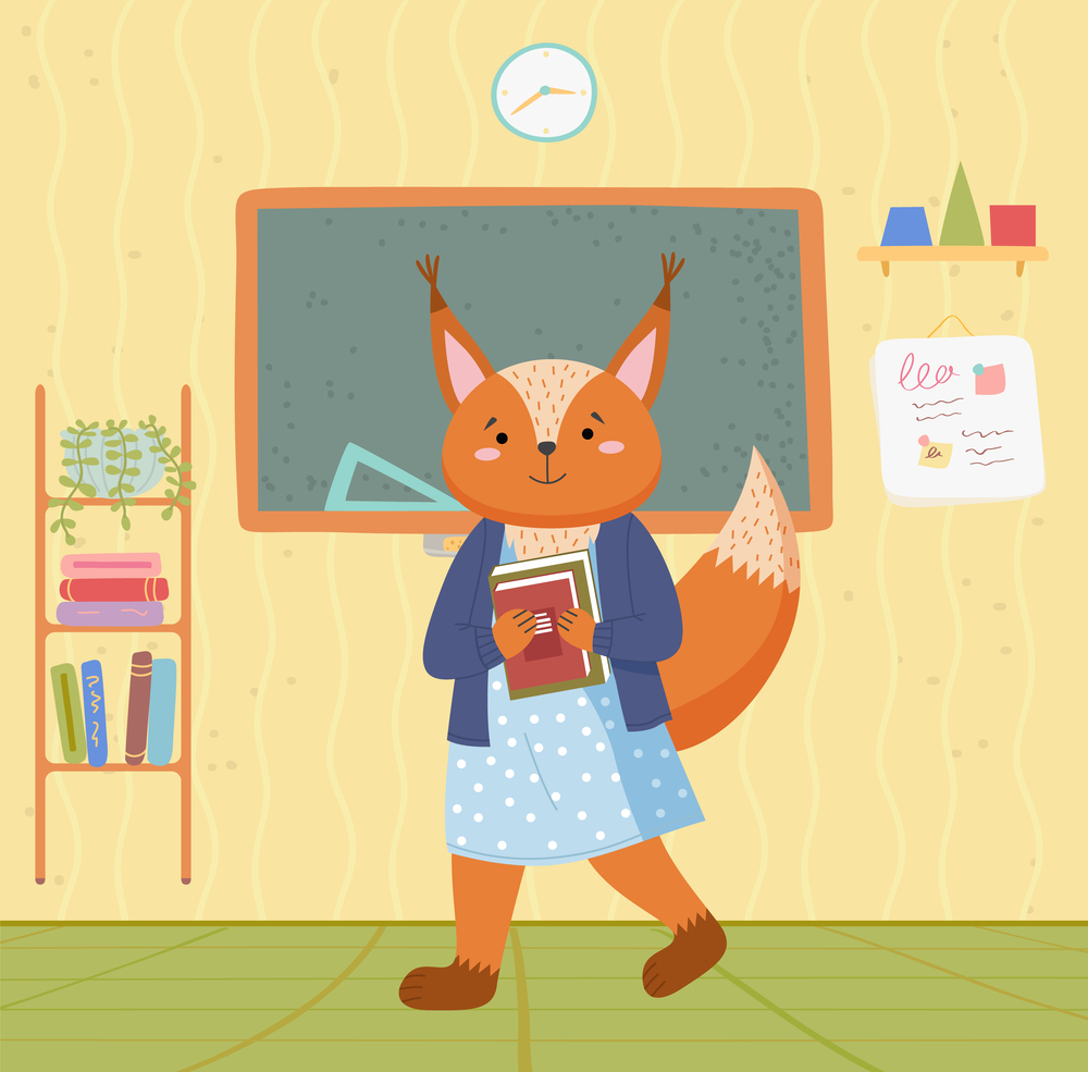 A fox schoolgirl with stack of books in hands in the class is standing near green school board. Smart active pupil enters the classroom for a lesson. Back to school, education theme flat illustration. A fox schoolgirl with stack of books in hands in the class is standing near green school board
