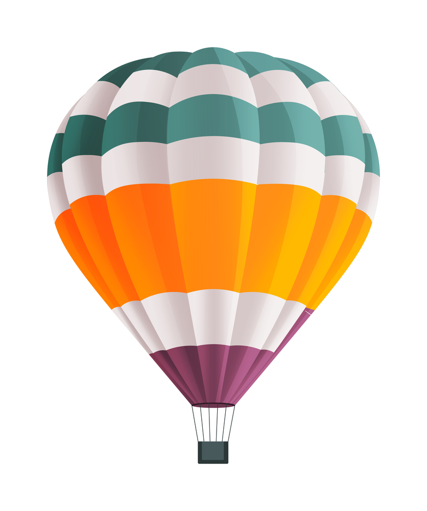 Hot air balloon isolated on white background vector illustration. Aircraft hot air ballon used to fly gas. Consists of gas burner, a shell and a basket for carrying passengers. Romantic flight travel. Colorful Hot air balloon isolated on white background vector illustration. Aircraft used to fly gas