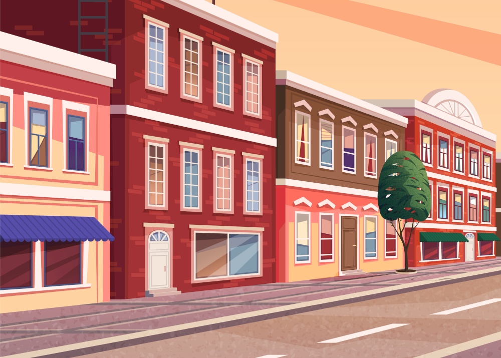 Street of town cartoon illustration of the historic city area. Cityscape with vintage brick buildings with shop windows and commercial premises on the ground floor, narrow road and pedestrian walkway. Street of town cartoon illustration of the historic city area. Cityscape with vintage brick building