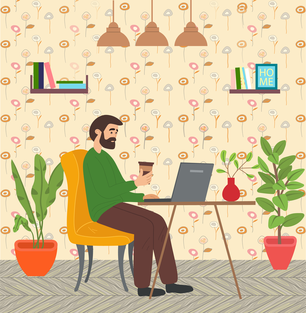 Bearded man with coffee sitting at table in room and correspondence surfing the Internet. Male character communicating through network on the laptop. Freelance, work from home and home office concept. Man sitting at a table in the room, surfing the Internet. Social media network communication