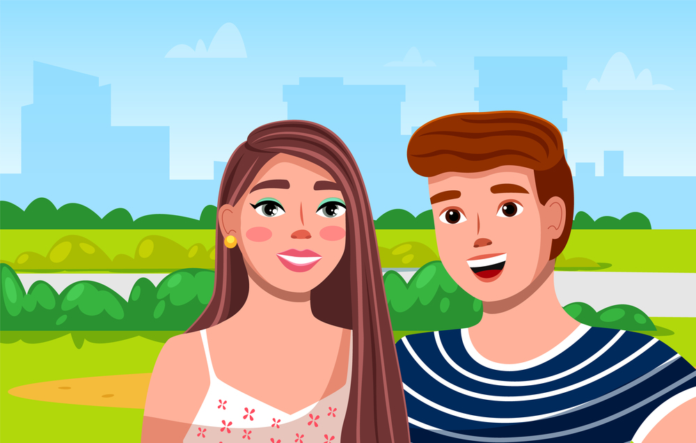 Couple walking outdoors in the city park portrait. Flat romantic vector smiling girl and boy in the open area on the background of the lake and city buildings summer day. Family romantic weekend. Couple walking outdoors in the city park portrait. Flat romantic vector smiling girl and boy