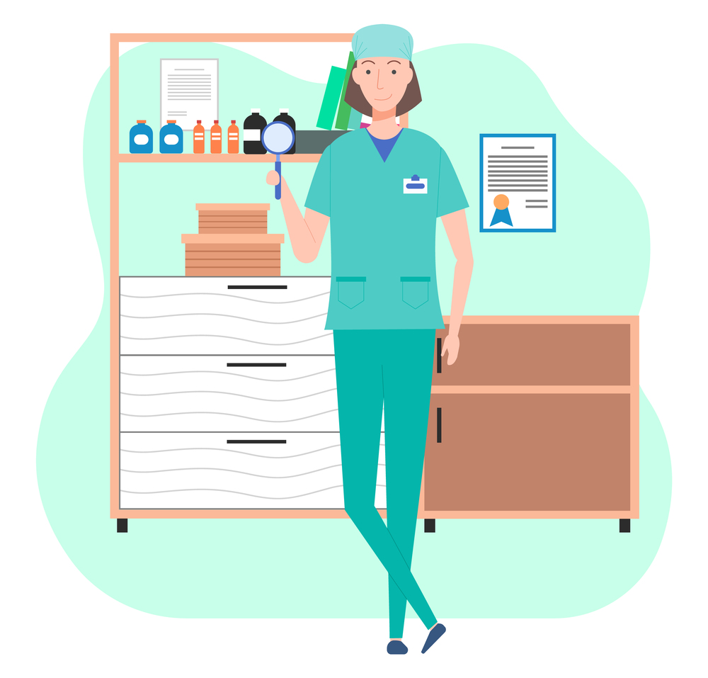 Veterinary care. Veterinarian doctor female character in the medical office. Nurse in a medical room with special equipment, holding a magnifying glass in her hand. Smiling girl in veterinarian clothe. Veterinary care flat illustration. Veterinarian doctor female character in the medical office