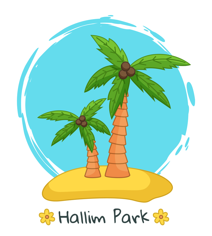 Banner with image one of the main attraction of the south korean island Jeju and the inscription Hallim park. Palm trees with coconut on the beautiful tropical island against the sea summer postcard. Banner with image one of the main attraction of the south korean island Jeju Hallim park
