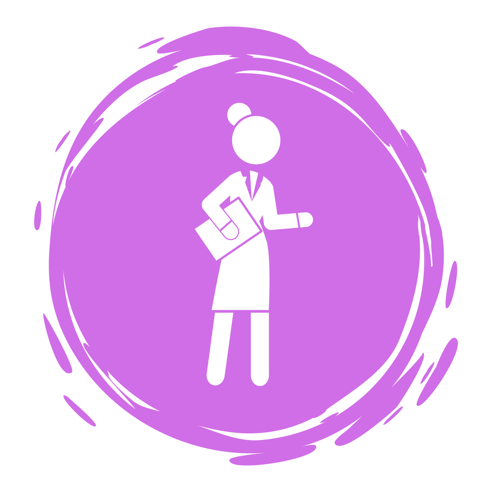 Businesswoman purple cirlce portrait, stamp style, businessperson with documents, woman with report, folder in hands, avatar, logo, wearing office suit dress, keeping dresscode, anonymous lady. Businesswoman purple cirlce portrait, stamp style, businessperson with documents, woman with report