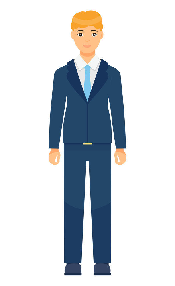 Isolated cartoon character businessman wearing stylish blue suit and tie. Man in jacket and trousers, white shirt. Business person style. Dresscode of office worker. Blond-haired guy, cloth element. Isolated cartoon character, office worker, man in suit with blue tie, dresscode of office worker