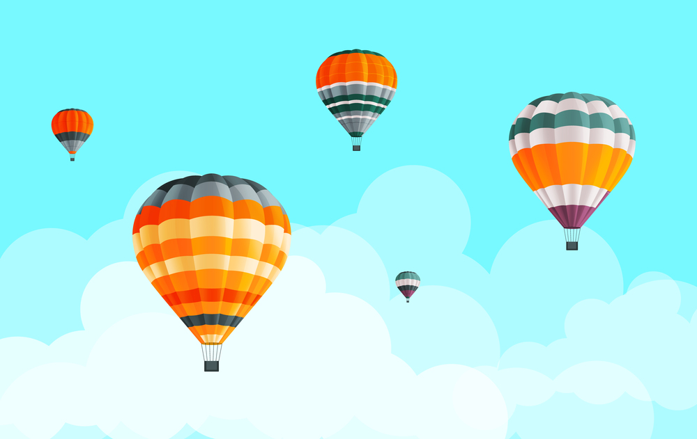 Air balloons collection at blue sky with clouds background, fly aerial transport, hot air balloon icons set, striped multicolored aerial transportation with basket, summer trip, travel tour, journey. Air balloons collection at blue sky with clouds, fly aerial transport, hot air balloon icons set