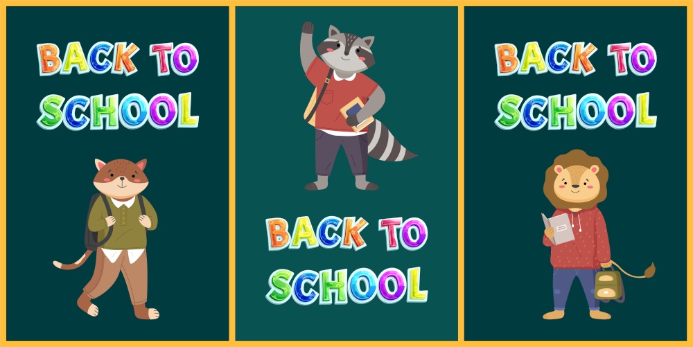 Back to school concept, colorful vector banner with bright lettering and animals students characters welcoming pupils on dark green school board. Kids bright illustration with education equipment. Back to school concept, colorful vector banner with bright lettering and animals students characters