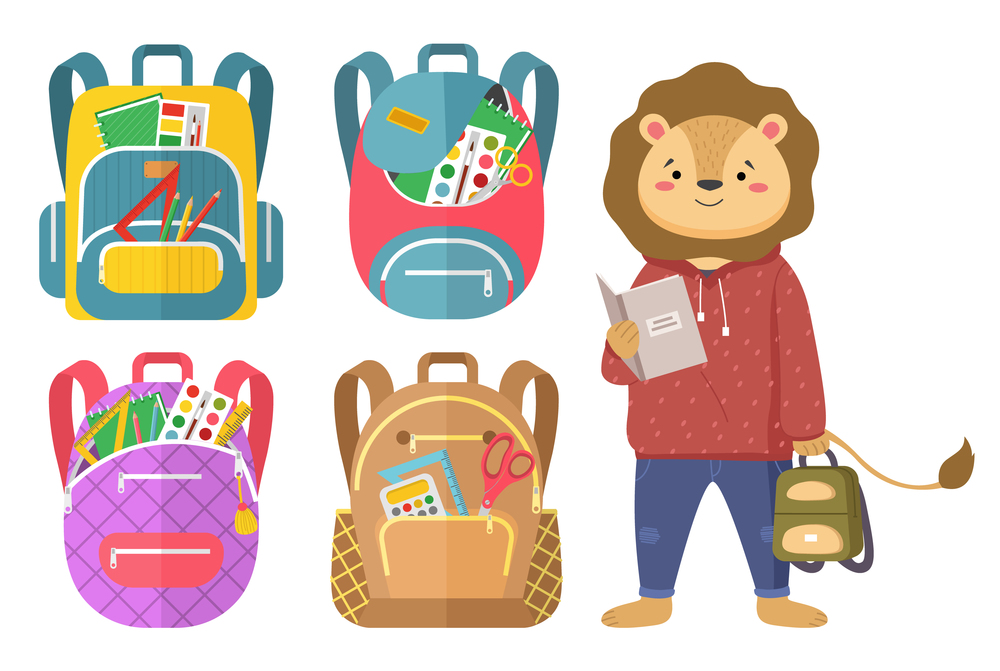 Back to school concept, colorful vector banner with schoolboy lion student and bright schoolbags set with school supplies. Kids backpacks with education equipment. Set of hand drawn icons on white. Back to school concept, colorful vector banner with schoolboy lion student and bright schoolbags set