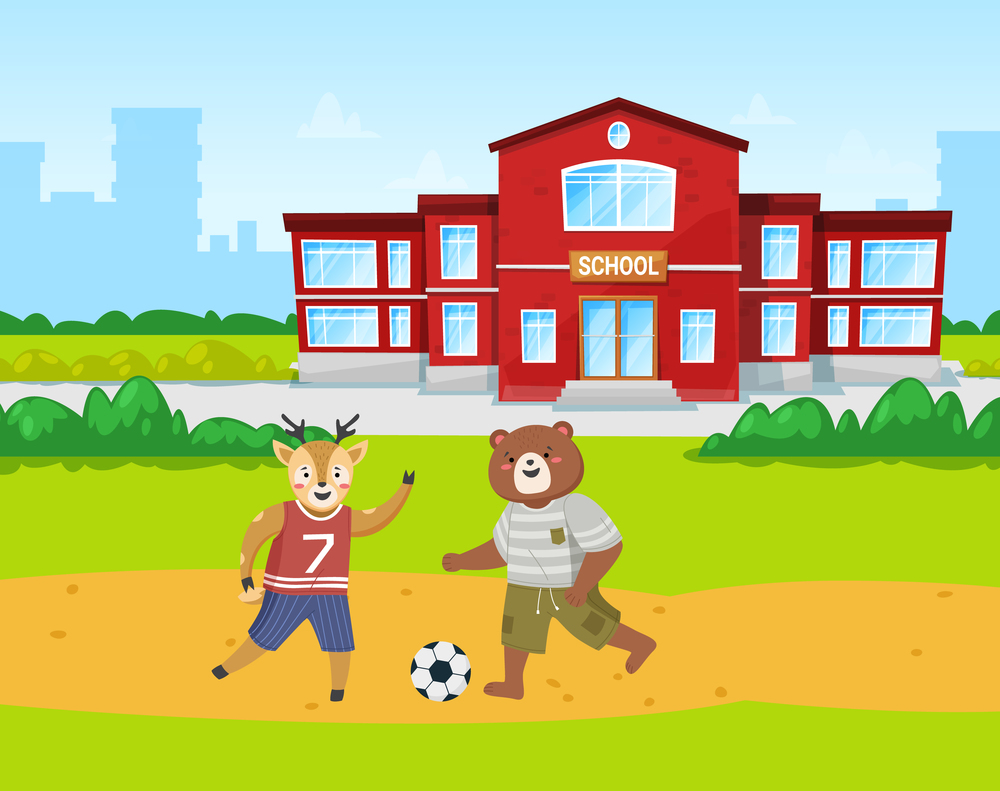 Animals students bear and deer play football on the playground in front of the school building cartoon theme. Pupils in physical education class running kicking the ball outdoor on a sportsground. Animals students bear and deer play football on the playground in front of the school building