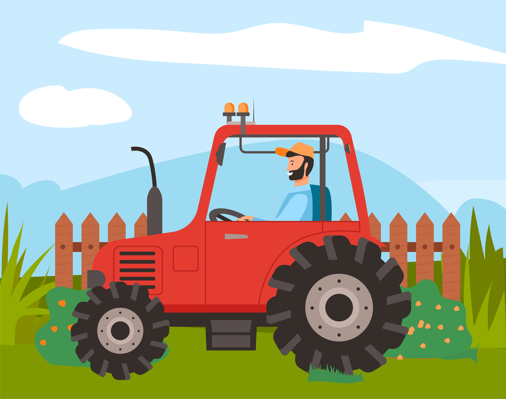 Bearded farmer in cap rides red tractor on lawn. Rustic wooden fence, flowering bushes, mountains and sky on background. Use tractor to plow the soil. Grow and harvest. Agriculture, truck farming. Farmer rides tractor. Rural fence, lawn, bushes. Agriculture, harvesting. Farming on tractor self-sufficiency