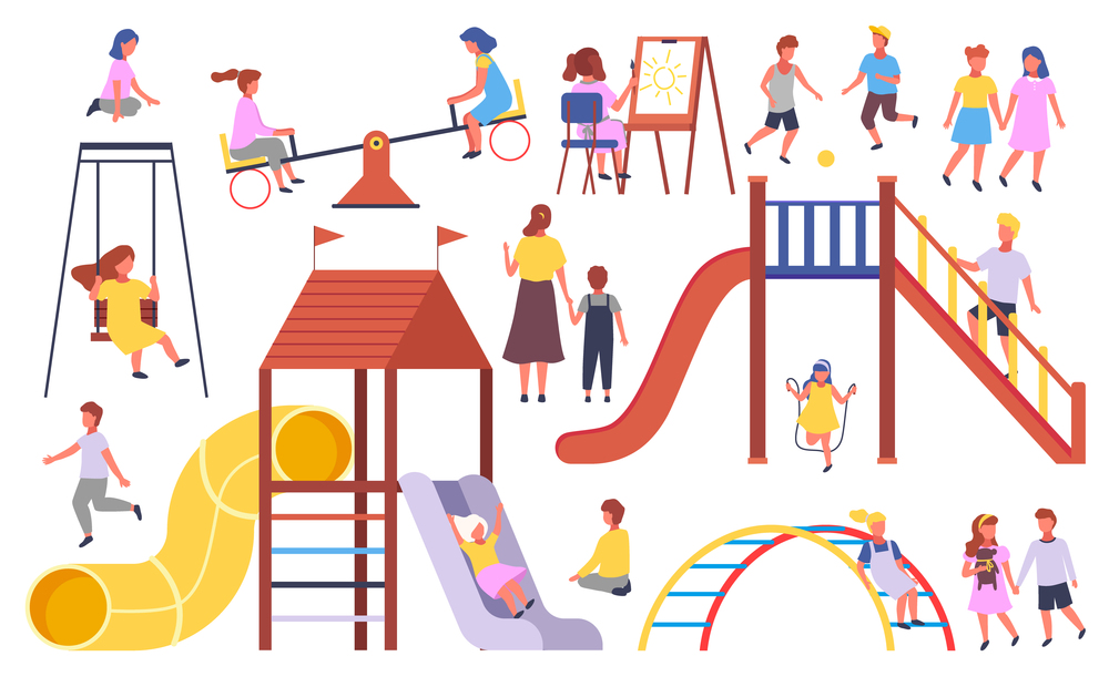 Children s activities. Kids playing at playground, with ball, jumping rope, walking holding hands, carousel, up-and-down, slide, swing, drawing picture, mother and kid. Set of cartoon illustrations. Kids playing at playground, with ball, jumping rope, carousel, up-and-down, slide, swinging