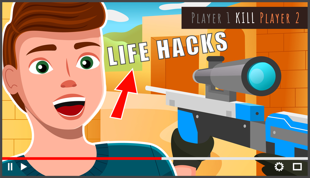 Male professional gamer tell about computer game life hacks. Young man blogger creating content about his hobby and posting it on social media. Screensaver of online video tutorial vector illustration. Male professional gamer tell about computer game life hacks. Blogger creating content about hobby