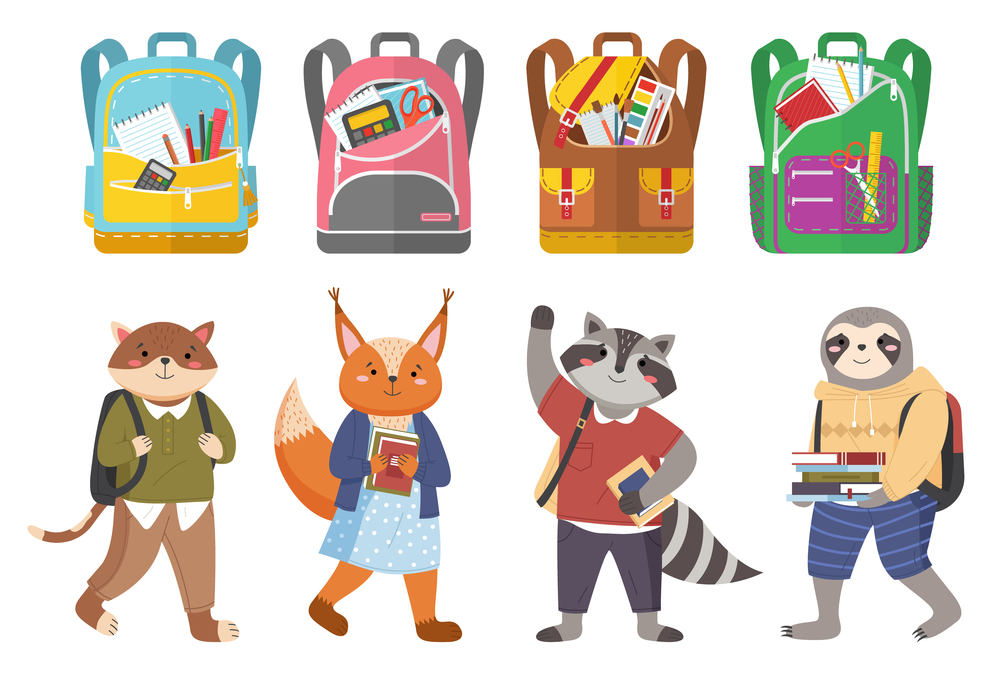 Cute animals students and bags collection, colorful vector banner with schoolchildren characters and bright schoolbags set with school supplies on white. Kids backpacks with education equipment. Cute animals students and bags collection, colorful vector banner with schoolchildren characters