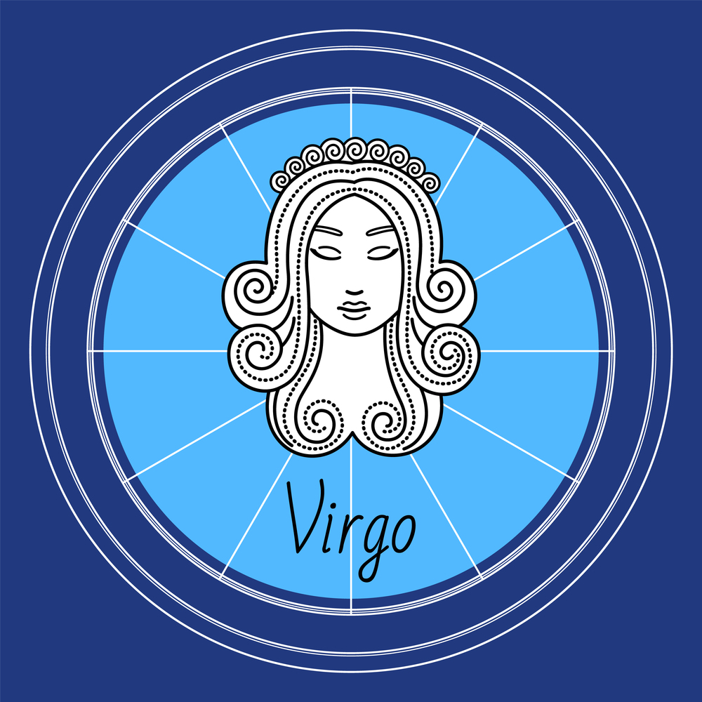 Virgo horoscope and zodiac sign decorative design in circle. Isolated icon of maiden in sketchy manner. Element for virgos or virgoans born in september and august months. Vector in flat style. Virgo Zodiac Sign of Horoscope, Astrology virgo Symbol