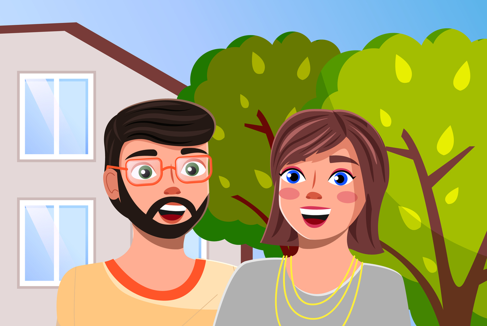 Couple man and woman at the modern family villa house with green trees in the home garden. Smiling people at private residential architecture, town house cottage. Family cottage house illustration. Couple man and woman at the family villa house with green trees in the home garden summer time
