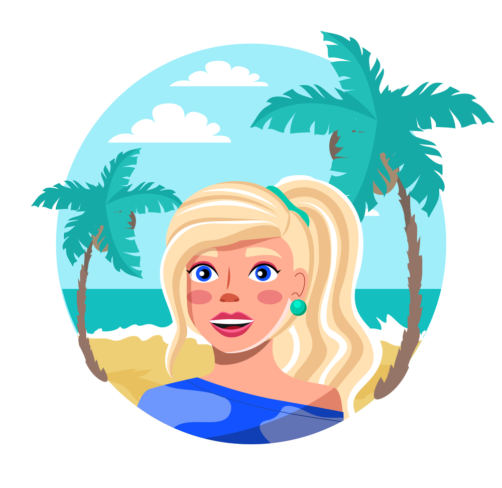 Cute young blonde girl in round frame standing on the background of the tropical landscape ocean and palm trees . Travel and tourism concept, happy woman in summer vacation in the exotic island. Cute young girl standing on the sandy shore against the background of the ocean. Travel concept