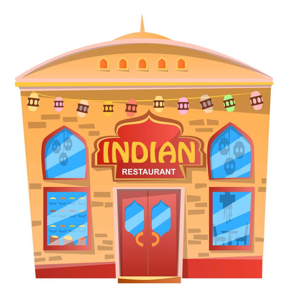 Restaurant that serves traditional indian cuisine. Isolated house, facade exterior design. Cafeteria in India with asian food. Logotype of cafe on front of building. Vector illustration in flat style. Indian Restaurant, Asian Cafeteria Facade Design