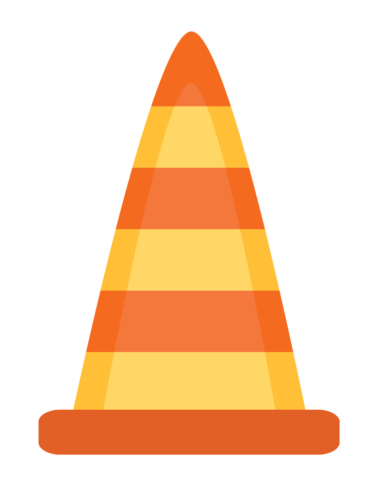 Cone with stripes used in road warning vector, plastic object of bright color. Attention construction symbol, caution for pedestrians and drivers flat style. Plastic Cone Road Sign Fixing Warning Icon Vector