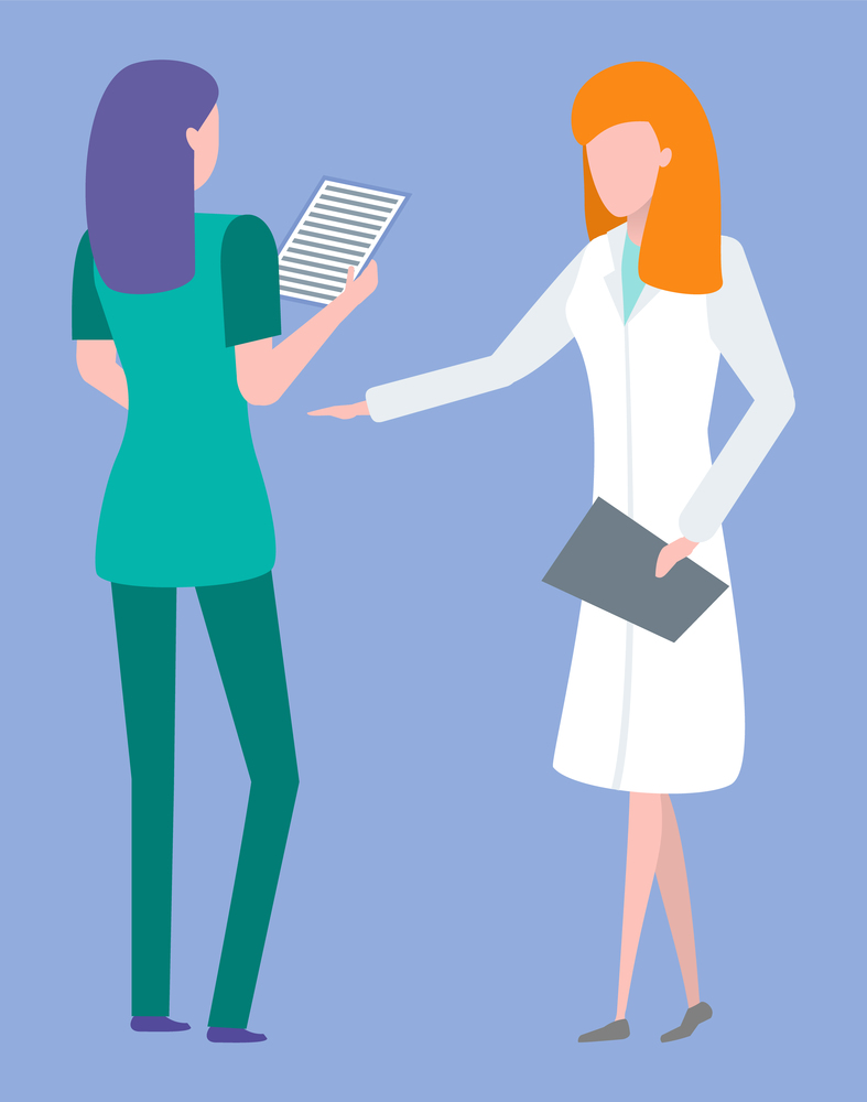 Doctor and nurse discussing medical history of patient, ct or mri. Woman holding report, researching diagnosis, treatment and healthcare, clinic vector. Doctor with Medical History, Laboratory Vector