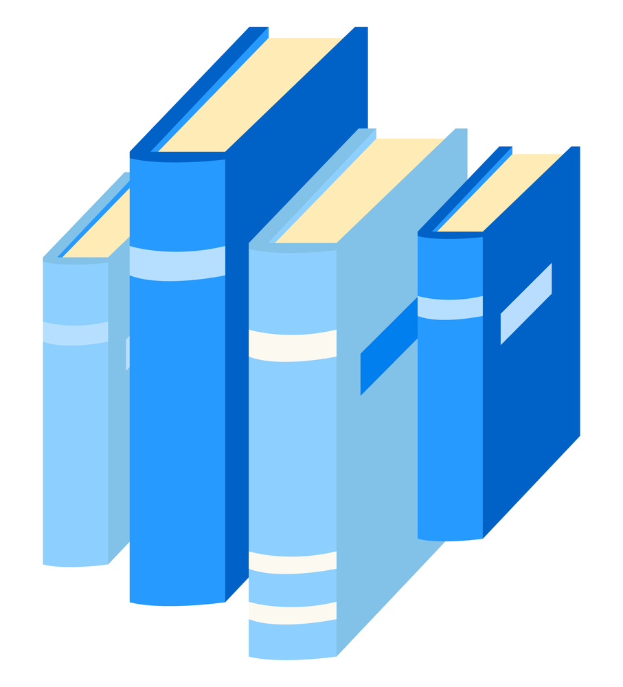 Stack of books. Literature for home or public library for reading interesting stories, novels and romances. Textbooks have hard cover and different shades of blue color. Vector illustration flat style. Literature for Home Reading, Stack of Books