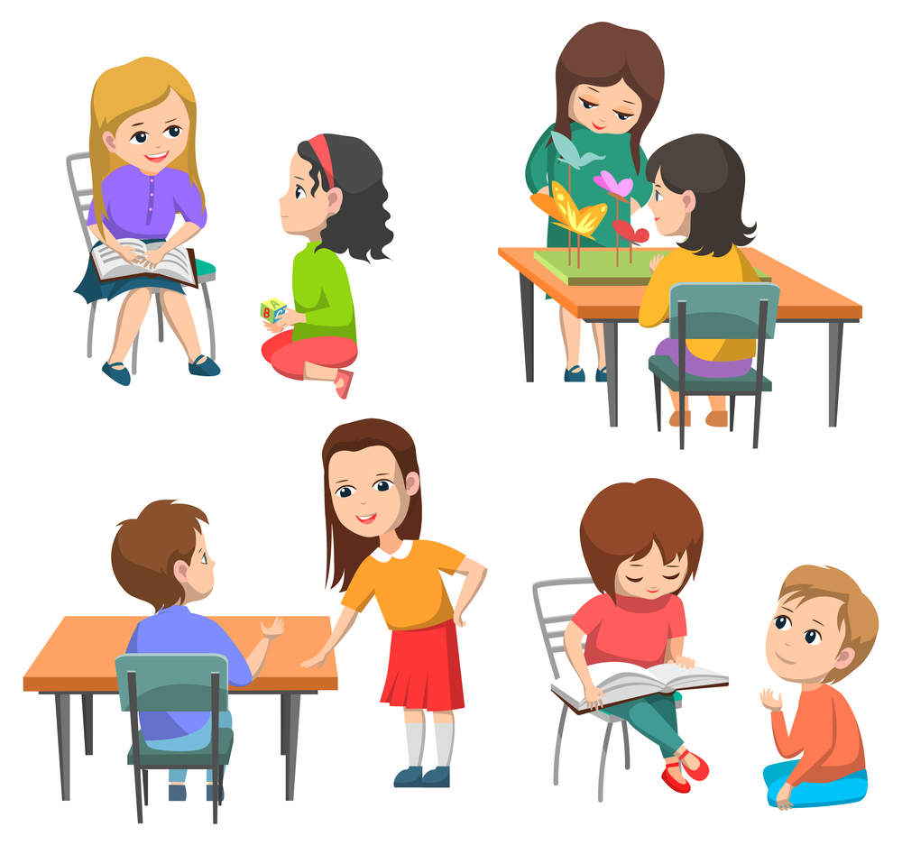 Pupils vector, kids talking and working in pairs. Boy and girl on break, schoolboy sitting by table, schoolgirl reading book, making project, back to school concept. Flat cartoon. Elementary School Kids, Pupils Interaction Set