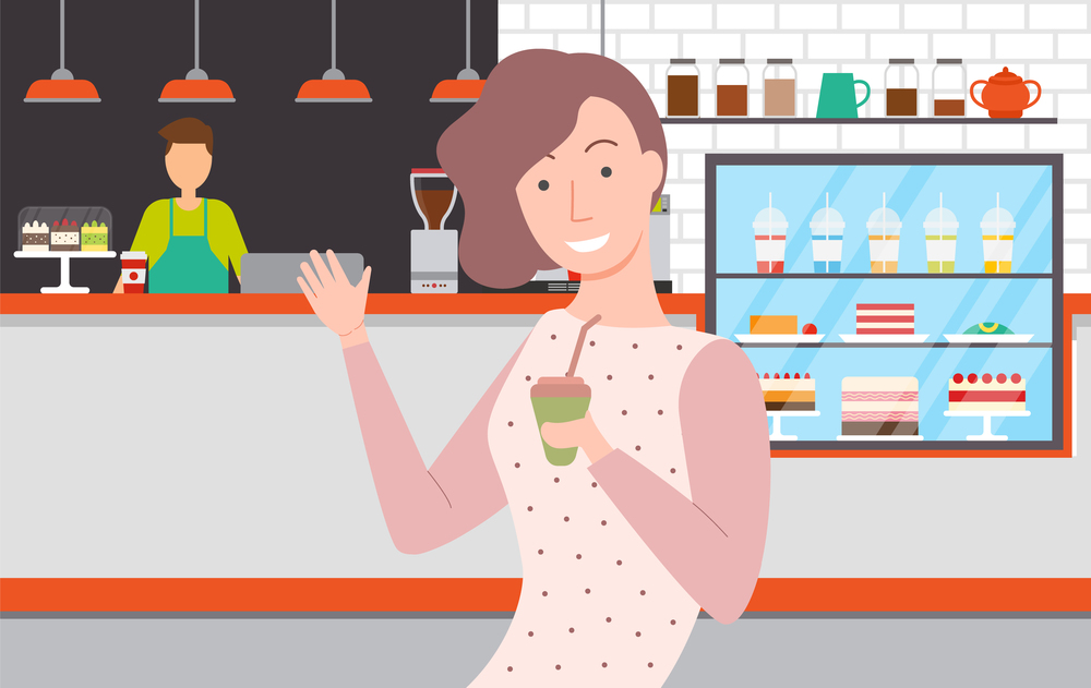 Female character enjoying coffee in cafe vector, woman with tea cup drinking beverage and waving to salesperson by counter. Bakery cakes on shelf. Woman Drinking Coffee in Eatery, Bakery Shop Cafe