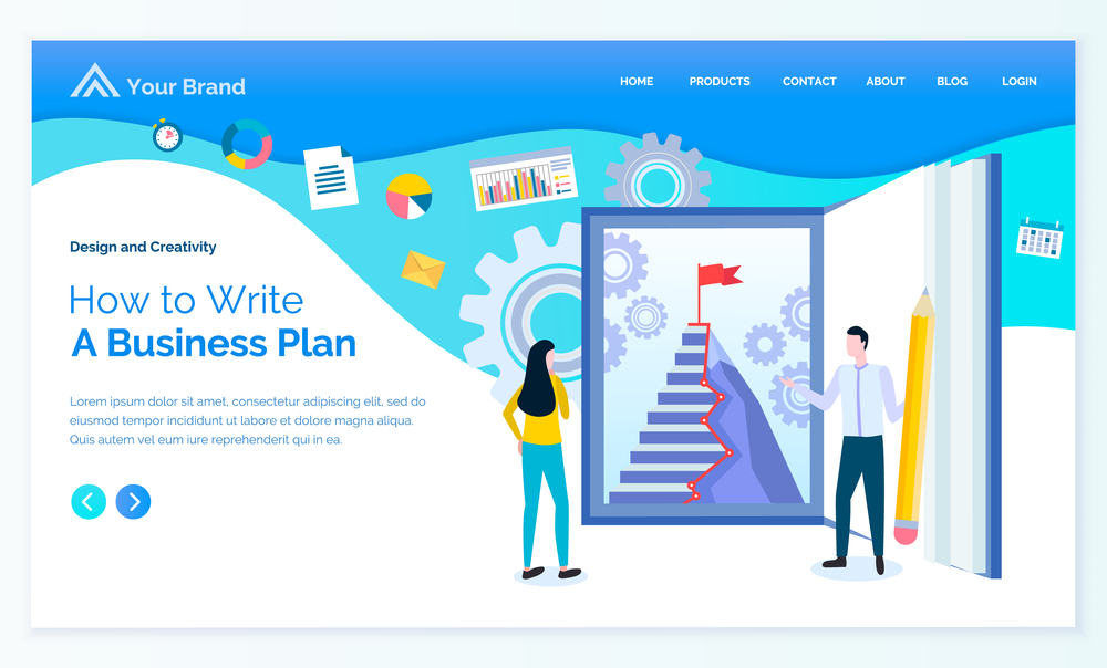 How to write business plan, company system of making strategies. Man and woman looking at staircase with finish flag. Gears and icons set. Website or webpage template, landing page, vector in flat. How to Write Business Plan, Website for Companies