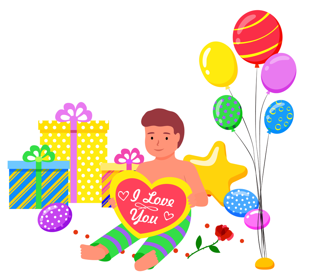 Photozone for kids on birthday party vector, isolated child. Boy sitting on ground surrounded with balloons and decor. Decoration for celebration of occasions, presents and toys, boxes with ribbons. Kid Sitting in Photozone, Balloons and Presents