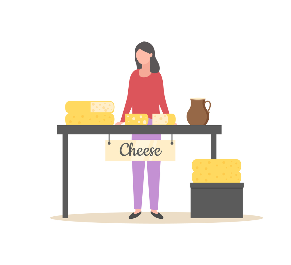Diary products made of milk vector, woman at market selling organic hard cheese cut, isolated salesperson with food on table person at marketplace. Hard Cheese Summer Market Woman Selling Products