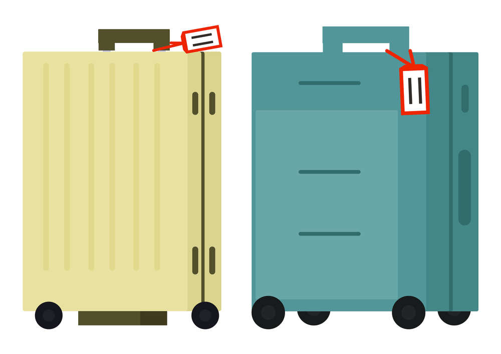 Suitcase on wheels, isolated object vector. Baggage or luggage, summer vacations abroad, journey or trip, leather bag with handle, pockets on zipper. Journey package, business travel bag. Flat cartoon. Baggage or Luggage, Suitcase on Wheels, Tourism