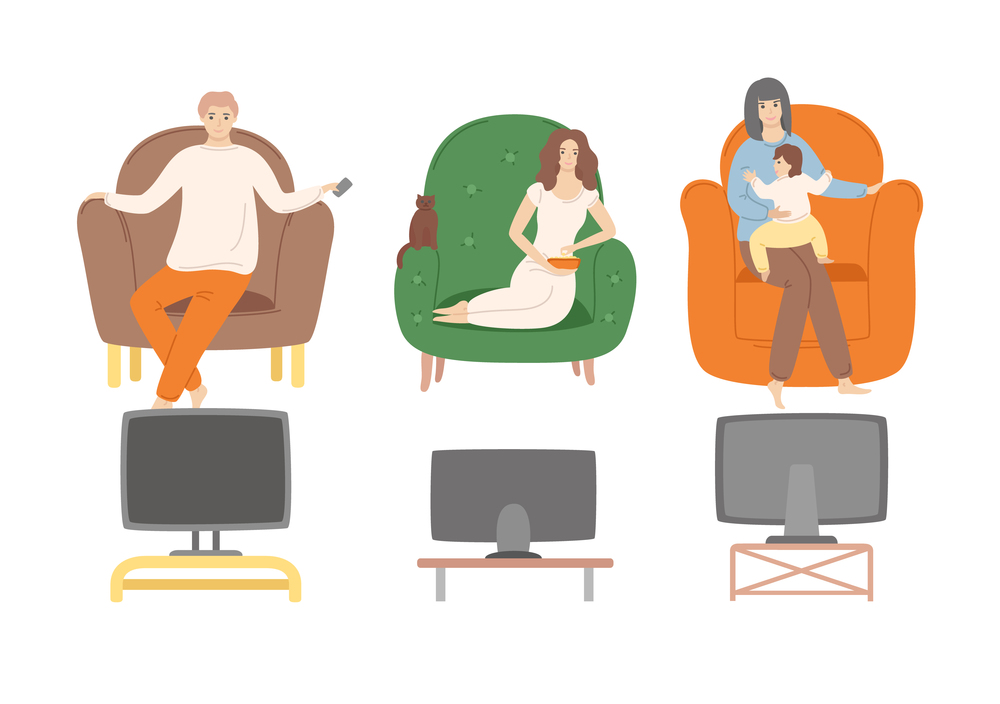 People at home vector, man holding remote control and woman sitting in armchair eating rood, cat pet. Family consisting of mother and small child. People Watching Films at Home, Television Shows