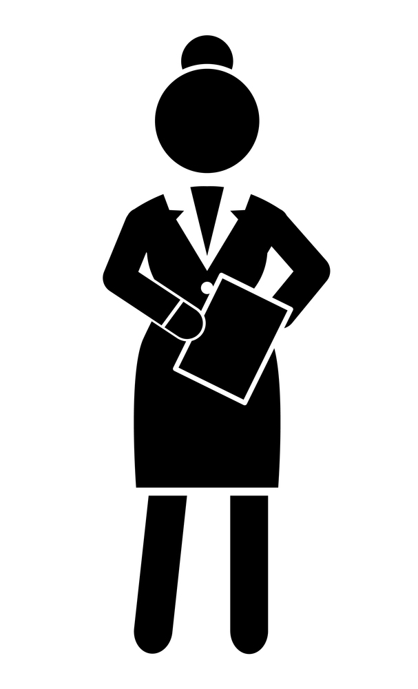 Black flat vector silhouette of businesswoman with document folder. Head woman. Vector schematic simplified figure. Business infographics. Female in strict black suit. Rounded edges shape. Flat vector. Black silhouette businesswoman with document folder. Business Infographic. Female figure shape