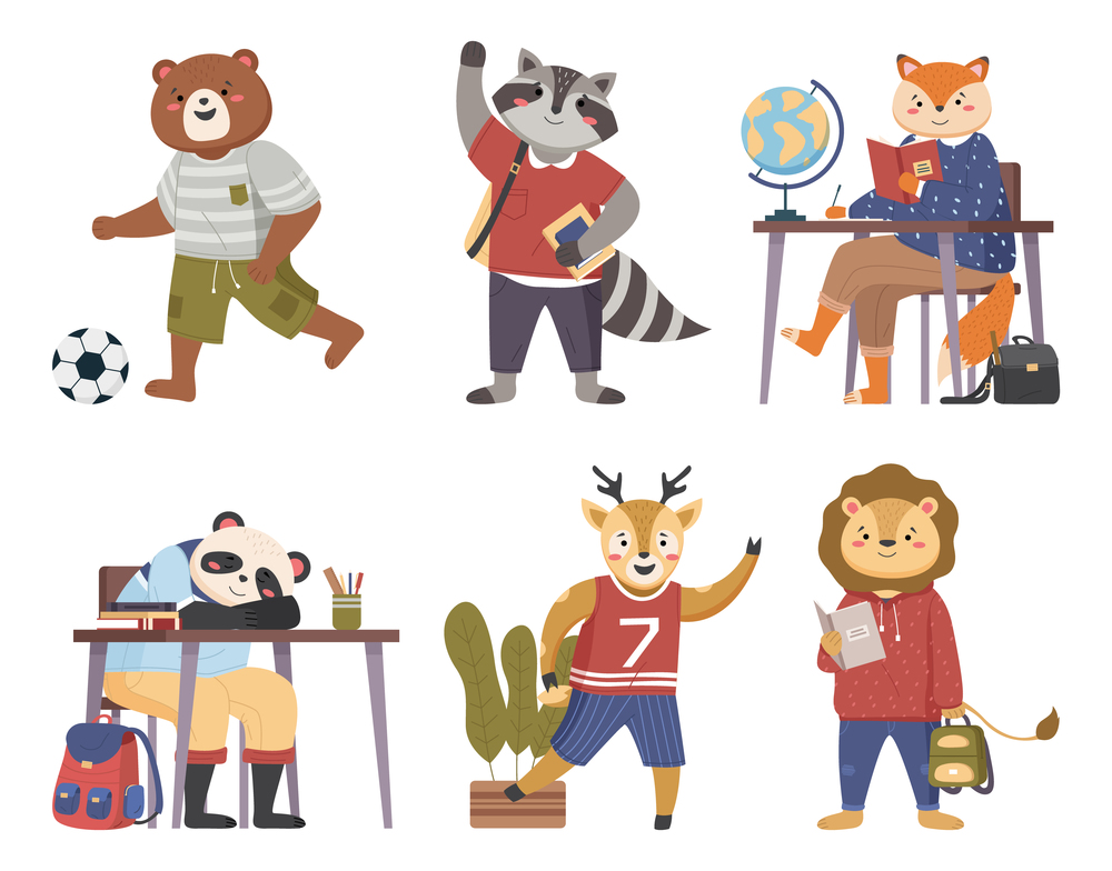 Collection of funny animals students. Cute cartoon pupils schoolkids in various situations in the lesson. Characters of forest inhabitants get an education, studying with books, siting at a desk. Collection of funny animals students. Cartoon pupils schoolkids in various situations in the lesson
