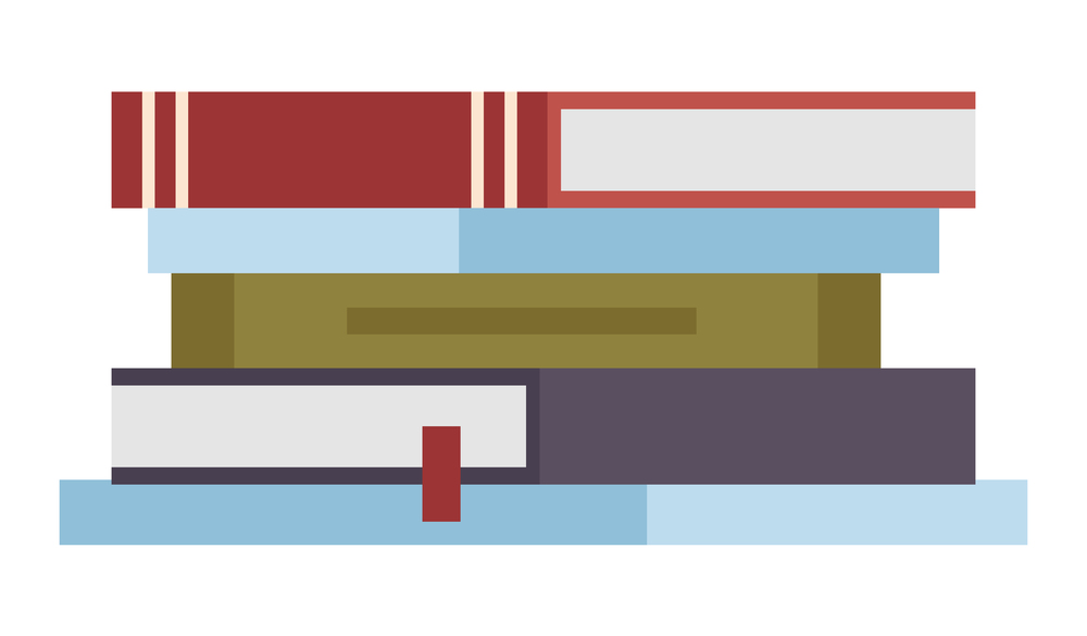 Set of colored books icons in flat design cartoon style. Horizontal stack of textbooks lying one on top of the other. Education infographic template design with books pile on the white background. Stack of textbooks lying one on top of the other. Set of colored books icons in flat design