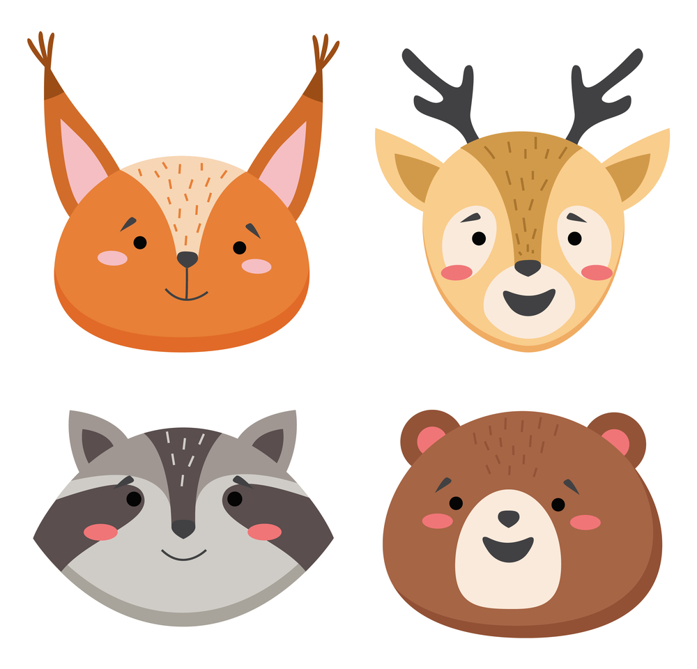 Cartoon avatar of the cute wild animals collection, childish characters portrait isolated on white background. Emoji funny animal. Embarrassed smile emotion. Template pattern icon. Logo, sticker. Cartoon avatar of the cute wild animals collection, childish characters portrait isolated on white