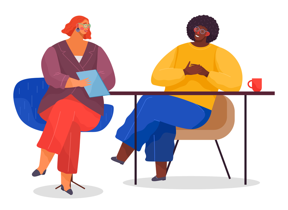 Business meeting. Red-haired woman in glasses with document or tablet in hands. Dark man wears blue trousers and yellow sweater sitting at table. Business people at negotiating table. Formal meeting. Business people in negotiations. Woman leads meeting, man listens to business proposal. Flat image