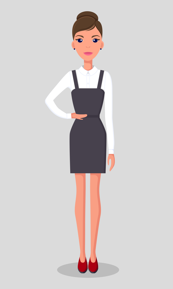 Beautiful young slender businesswoman stands in strict black dress and white classic blouse, red shoes, a strict hairstyle. Female character. Business style. Confident female flat vector illustrations. Presentation woman, college student or successful businesswoman. Female adult modern character