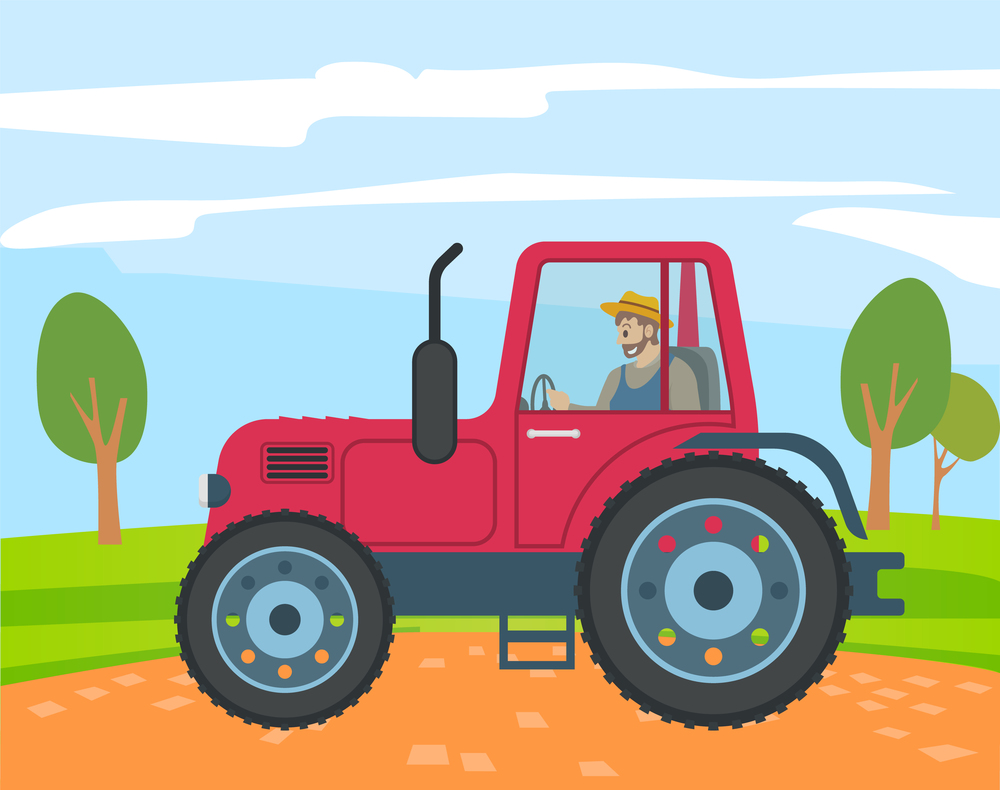 Farmer rides red tractor across the field. Harvesting, cultivating the land. Growing vegetables and wheat. Farmland with hill and bushes. Farmer in tractor at rural landscape background. Flat image. Farmer rides red agricultural machine. Cultivating the land, growing vegetables. Farming vehicle
