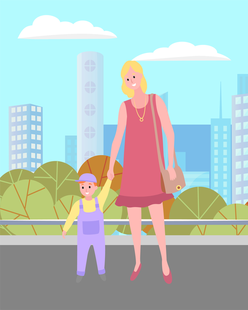 Young mother in red dress with bag over his shoulder holds the boy s hand in lilac jumpsuit. A family stands on the street, behind an urban green park, skyscrapers. Fresh air walking. Flat image. Young mom and her son walking in the city square. Trees, buildings, skyscrapers background