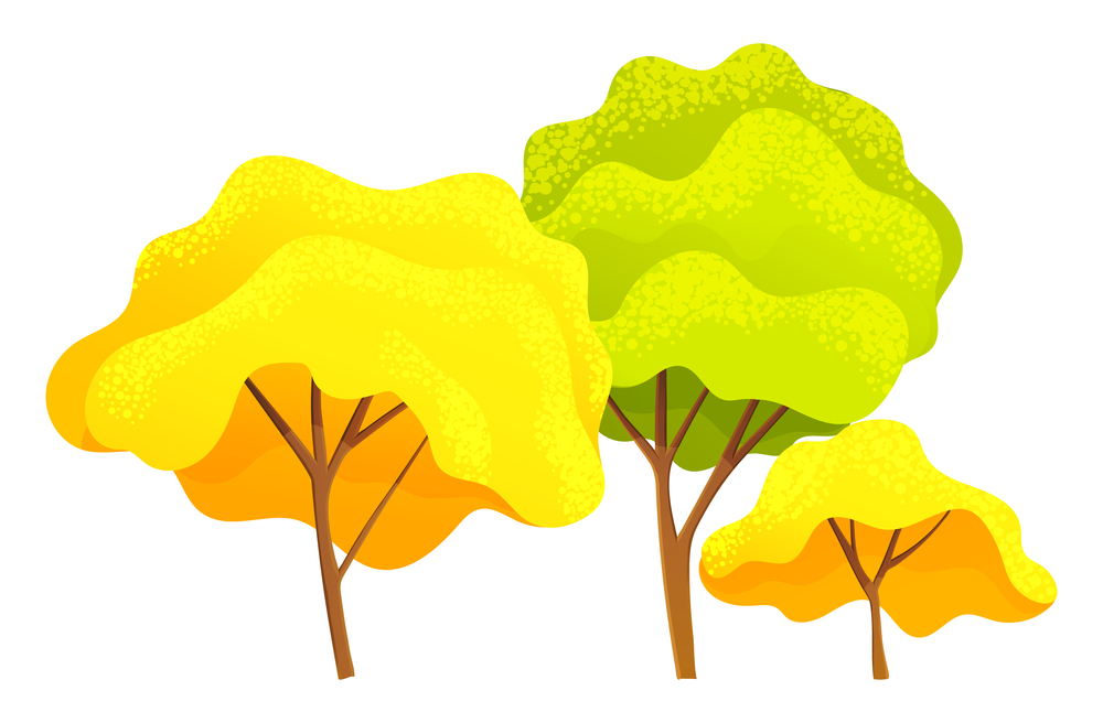 Autumn tree, different sizes and forms trees with green, orange, yellow leaves, autumn symbols, natural concept, landscape interface, forest or wood, organic plant in flat style, environment. Autumn tree, different sizes and forms trees with green, orange, yellow leaves, autumn symbols