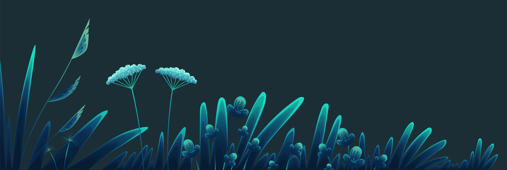 Summer time at night, navy blue background. Plants of fields and forests close-up. Vector vintage botanical illustration. Meadow grass, dandelion, chamomile, tansy. Medicinal plants. Flat vector. Meadow plants, forest grass at night, vegetation, flowers and stems close-up on blue background. Flat image