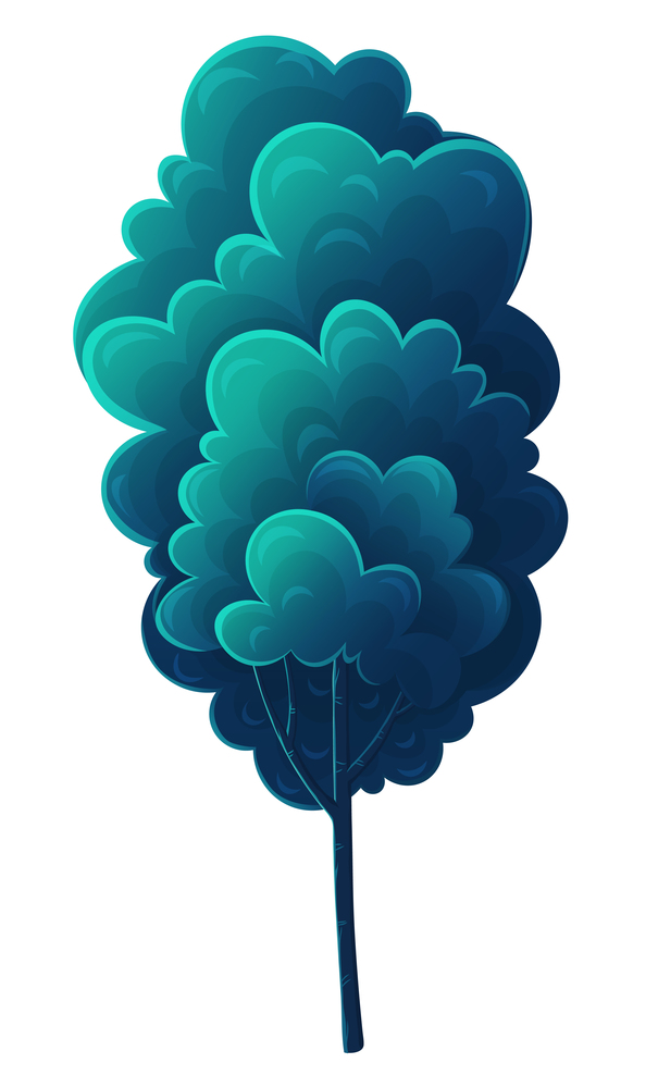 Deciduous tall tree, navy blue color, flat cartoon style isolated on white. Forest tree, magnificent crown. Oak, beech, hornbeam, diverse vegetation. Botanical illustration for games, banners, sites. Tall deciduous tree isolated on blue. Forest vegetation, dark blue foliage, lush crown. Flat image