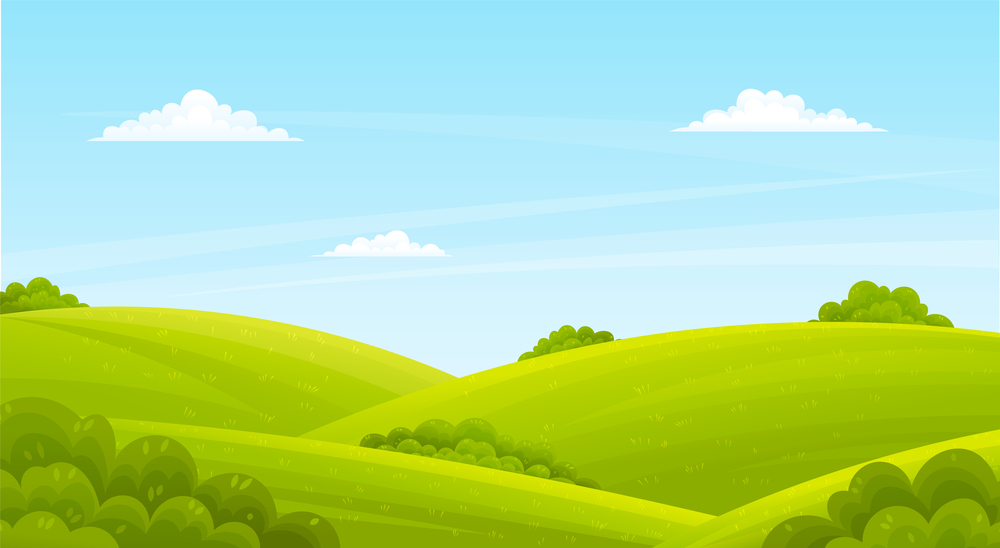 Lush light green lawn, field, hills, green deciduous bushes. Countryside, spring or summer time of year. Blue clear sky. Cartoon design for banners, sites. Flat vector image of beauty landscape. Green lush lawn, bushes, shrubs, summer landscape, countryside. Cartoon flat nature image for web
