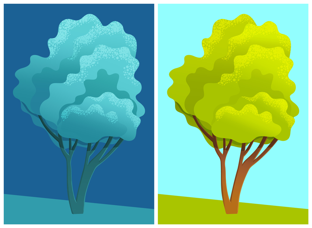 Image of tree with lush green crown day and night. Lonely tree in middle of green field. Deciduous vegetation. Oak, beech, hornbeam, maple. Flat vector image in cartoon style for games, advertising. Deciduous tree with lush crown on background of meadow or field, the image of tree day and night