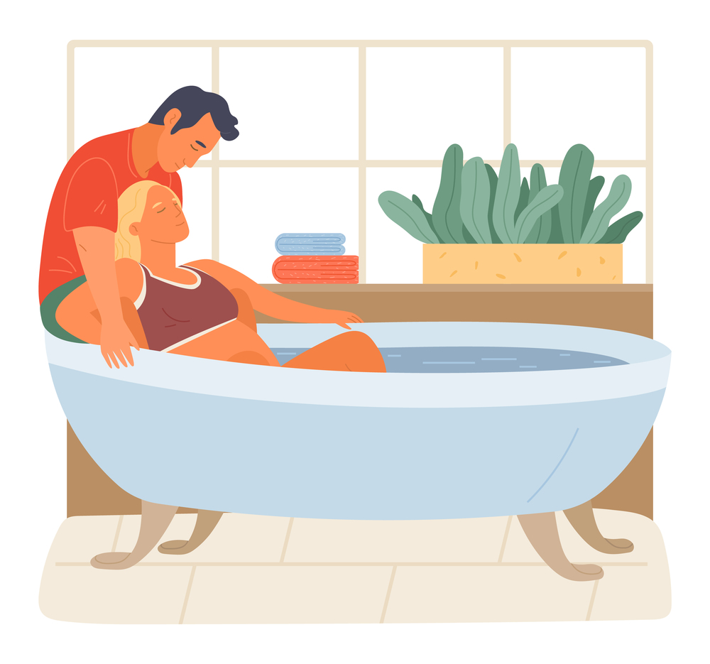 Pregnancy preparing, wife and husband joint birth. Pregnant woman giving natural birth in a bathtube full of water in bathroom interior. Active position use to reduce pain during childbirth. Pregnancy preparing, wife and husband joint birth. Pregnant woman giving natural birth in a bathtube