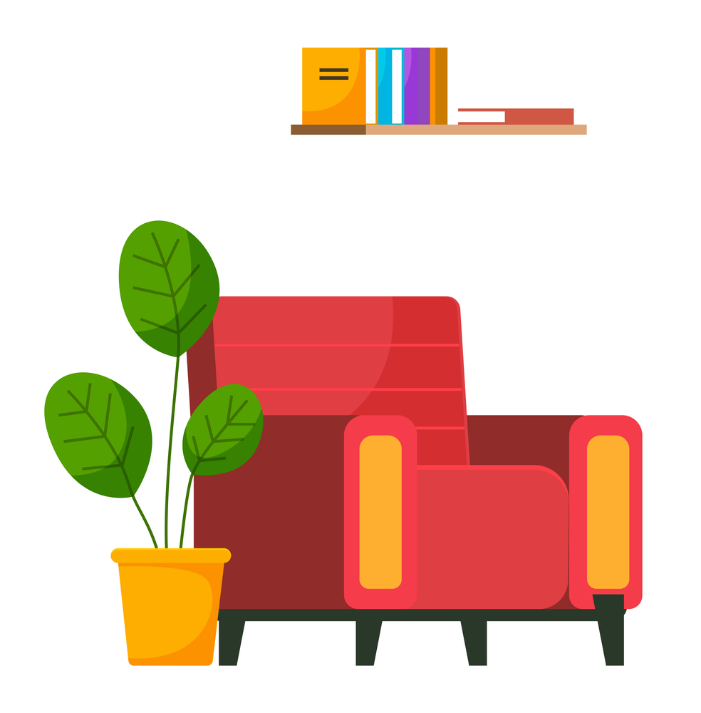 Red armchair, potted plant and bookshelf. Living room furniture design, modern home interior elements vector. Contemporary furniture for living room or home office. Modern soft chair place to relax. Red armchair potted plant and bookshelf. Living room furniture design, modern home interior elements