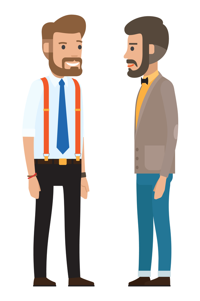 Modern businessmen. Man dressed in formal clothes set. Cartoon handsome bearded businessman in shirt with tie, suspender pants, bow tie. Set of male characters in business wear two office workers. Modern men dressed in formal cloth, bearded businessman in shirt with tie, suspender pants, bow tie