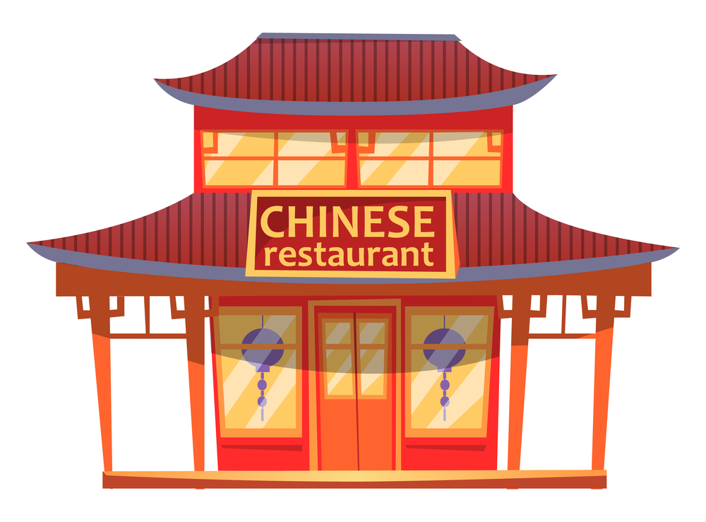Chinese restaurant cartoon illustration of building facade and lanterns. Chinese restaurant with typical construction roof type, sign with an inscription above the entrance. Asian cuisine institution. Chinese restaurant cartoon illustration of building facade and lanterns on white background