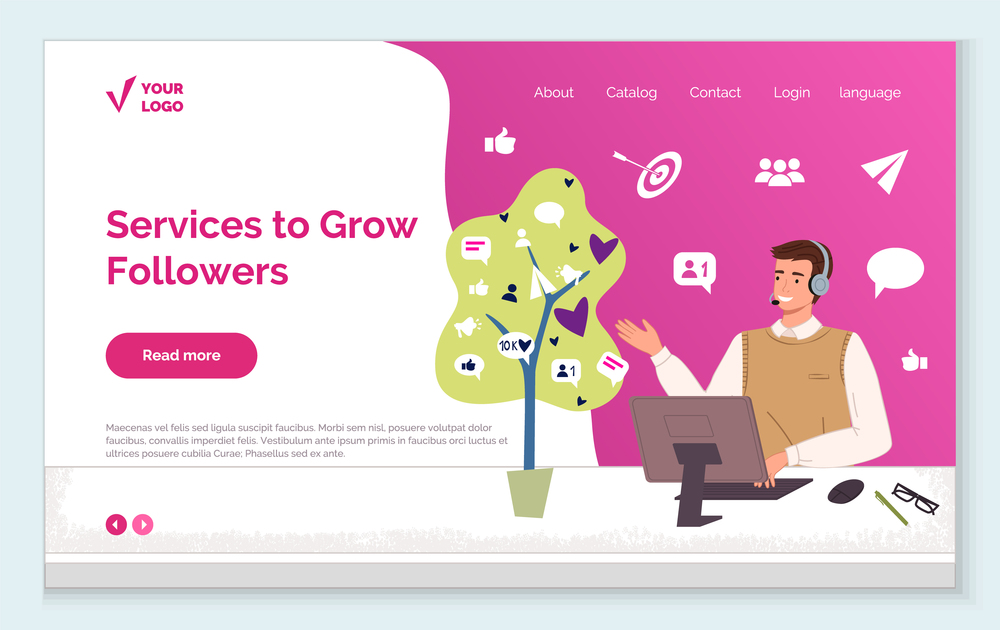 Engaging with followers. Services to grow followers and increase audience vector landing page, web page template. Generating new leads advertising strategy. Attracting followers, subscriber counting. Services to grow followers and increase audience vector, engaging with followers, web page template