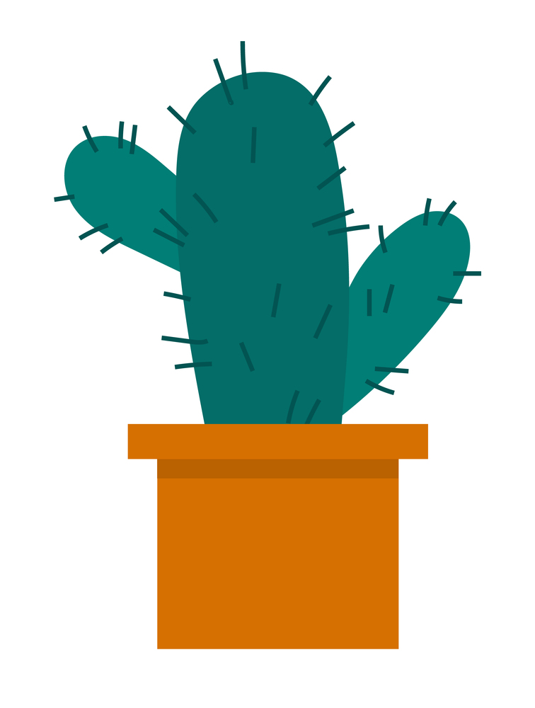 Cactus icon in a flat style on a white background. Home plant cactus in pot and with spines. Decorative evergreen plant with prickly thorns in yellow pot. Tropical desert houseplant vector design. Cactus icon in a flat style on a white background. Home plant cactus in pot and with spines